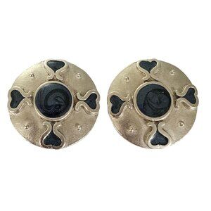KK/ED Silver Tone Blue Enamel Hearts Modernist Round Clip Earrings, Signed L241